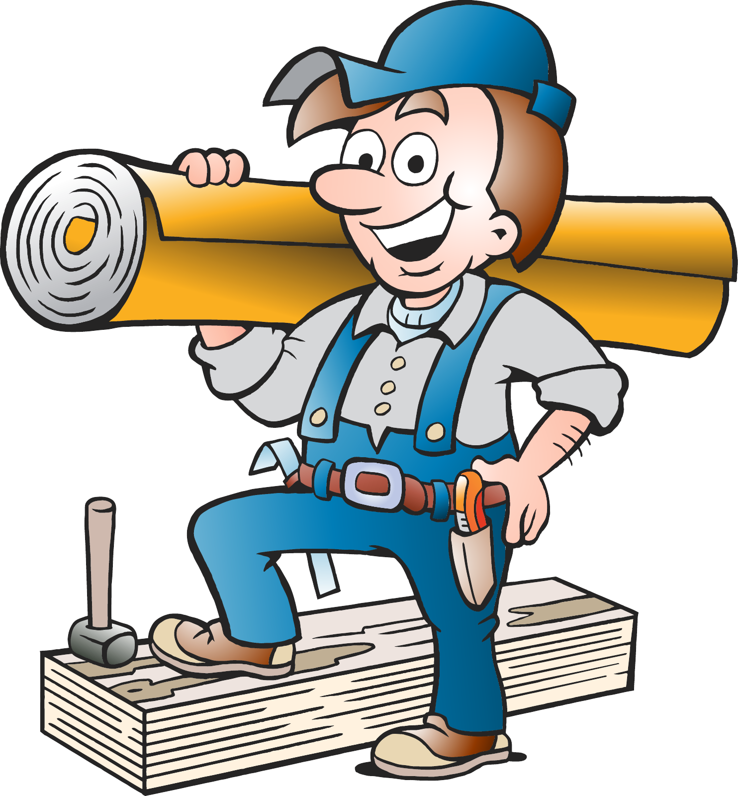Grove Flo's friendly flooring installer mascot carrying a roll of flooring